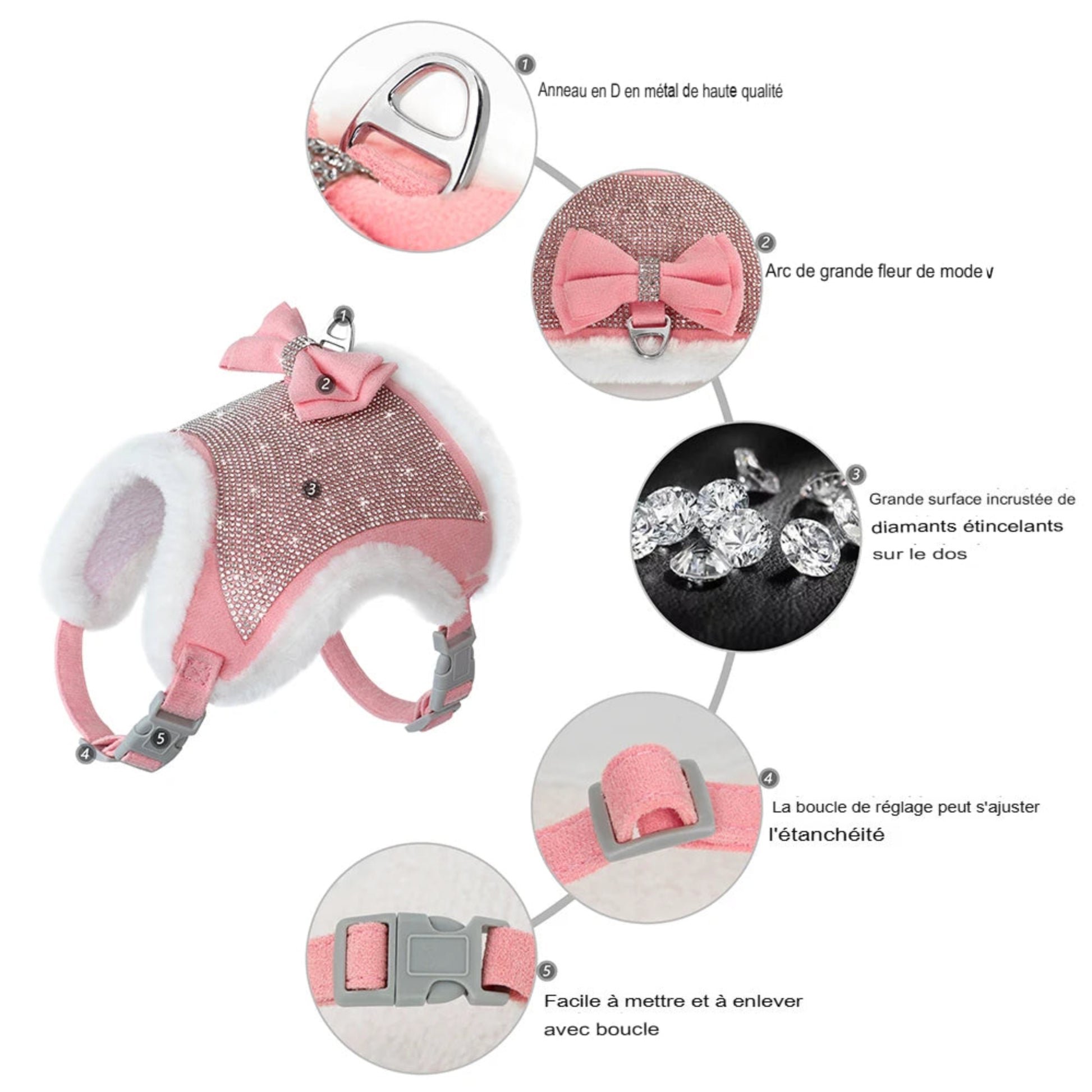 Harnais pour chien en strass avec laisse et nœud papillon, doux et réglable