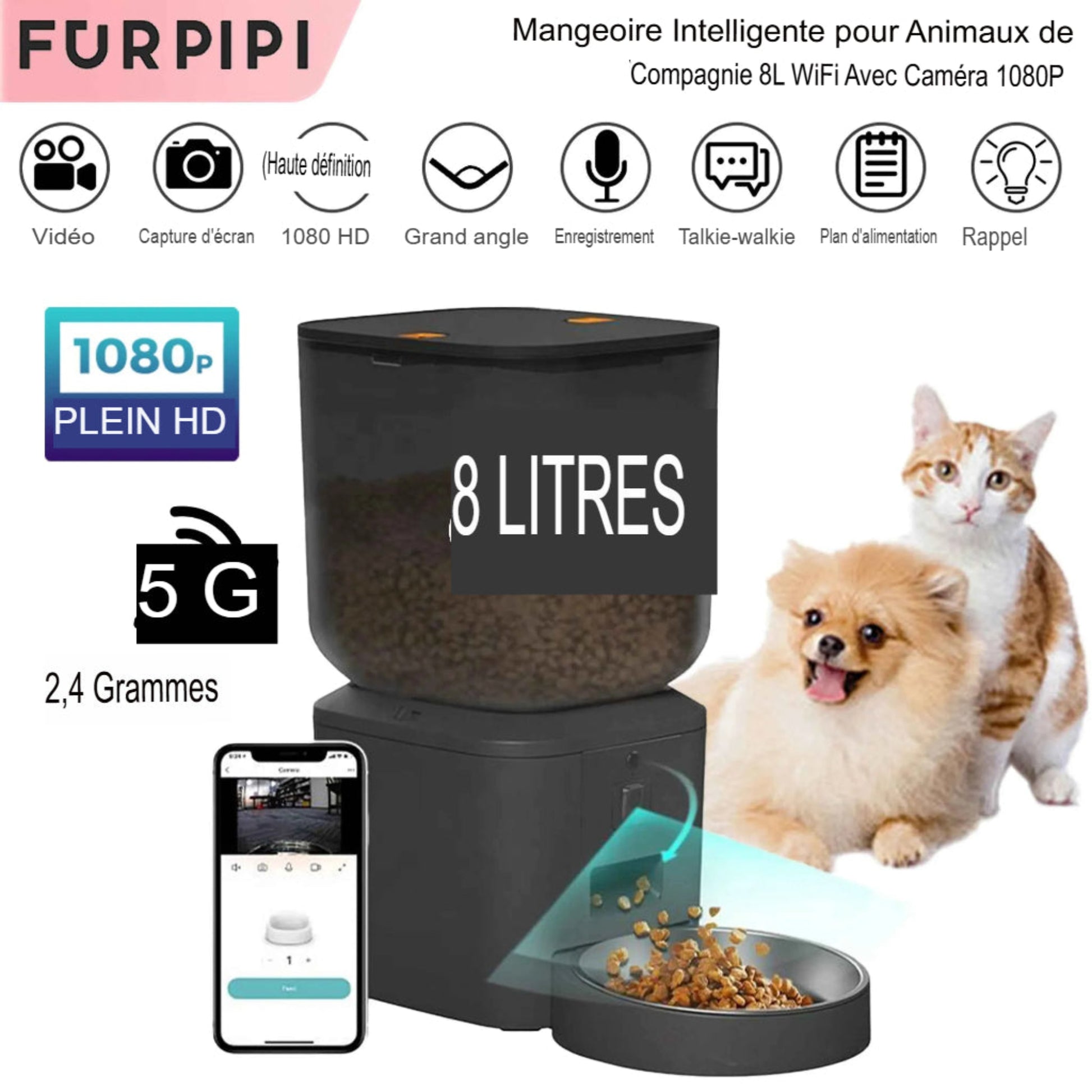Mangeoire automatique pour chien et chat 8L avec caméra HD 1080p et vision nocturne