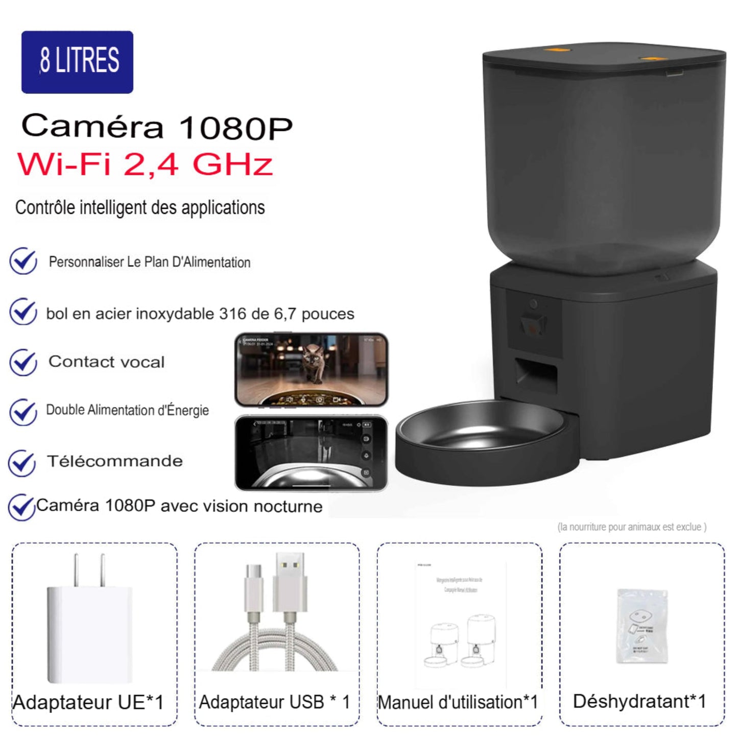 Mangeoire automatique pour chien et chat 8L avec caméra HD 1080p et vision nocturne