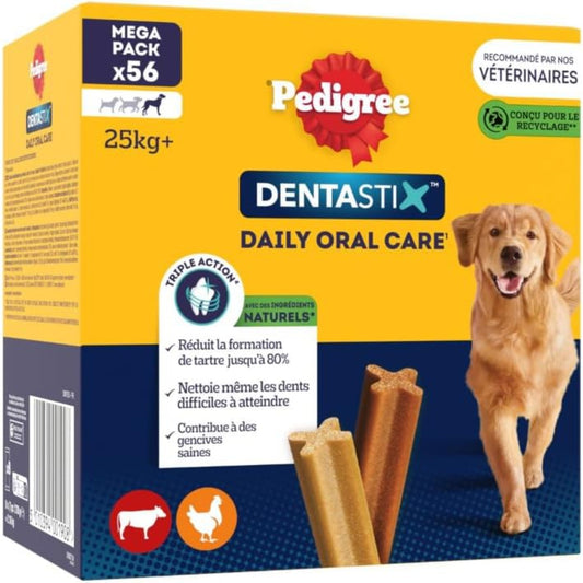 Pedigree DENTASTIX 56 Bâtonnets à Mâcher pour Grand Chiens 25kg+, 8 Sachets de 7, Saveur Poulet et Bœuf, Détartrage Dentaire Chien, Soins Dentaires pour Chien