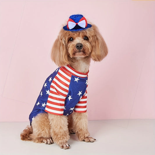 Tenue patriotique étoilée pour chiens et chats avec chapeau bleu et nœud papillon rouge blanc bleu